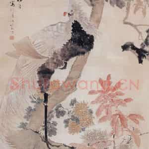 1881年 朱偁《秋梧栖凤》国画花鸟画作品图片鉴赏