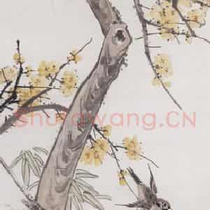 1894年 朱偁《梅雀图》国画花鸟画作品图片鉴赏