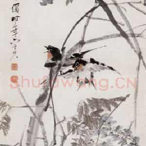 1894年 朱偁《紫藤飞燕》国画花鸟画作品图片鉴赏