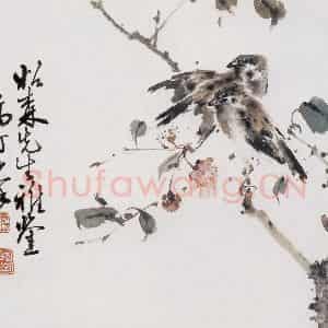 高奇峰《梨花双雀图》国画花鸟作品图片鉴赏