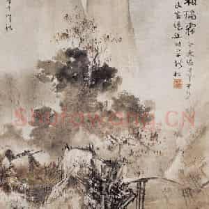 1918年 高剑父《鸡声茅店月》国画山水作品图片鉴赏