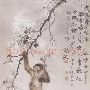 1920年 高剑父《秋树老猿图》国画花鸟作品图片鉴赏