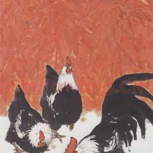 1988年 黄志坚《红叶群鸡》国画花鸟作品图片鉴赏