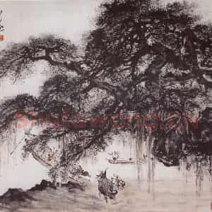 1961年 关山月《榕荫渡口》国画山水作品图片鉴赏