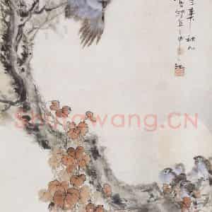 1914年 高剑父《猫鹰小雀图》国画花鸟作品图片鉴赏