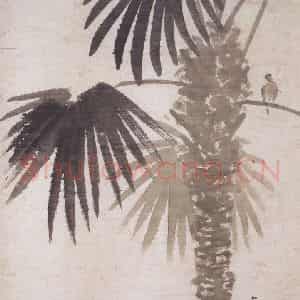 1944年 陈树人《棕榈小鸟》国画花鸟作品图片鉴赏