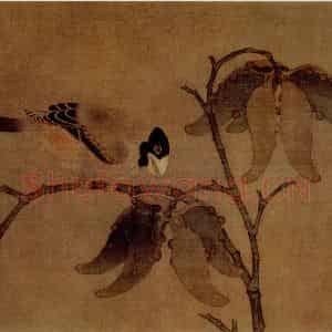 宋代 夫名《梧桐蜡嘴图》国画花鸟作品图片鉴赏