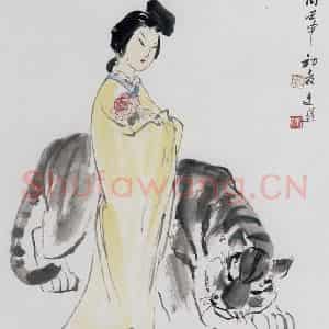 1992年 汤文选《拈花牧虎图》国画作品图片鉴赏