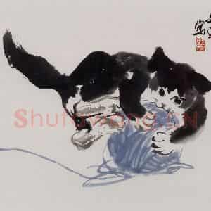1986年 汤文选《顽猫》国画作品图片鉴赏