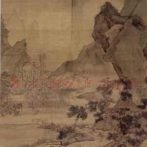 明代 仇英《松溪横笛图轴》国画山水工笔作品图片鉴赏
