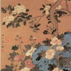 清代 虞沅《榴葵双鹂图》国画花鸟作品图片鉴赏
