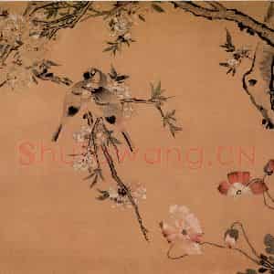 清代 颜岳《桃花双禽图》国画花鸟作品图片鉴赏