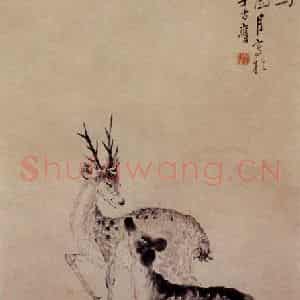 1743年 李方膺《双鹿齐鸣》国画花鸟写意作品图片鉴赏