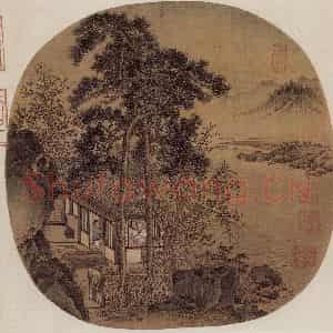 南宋 刘松年《秋窗读易图》国画作品图片鉴赏