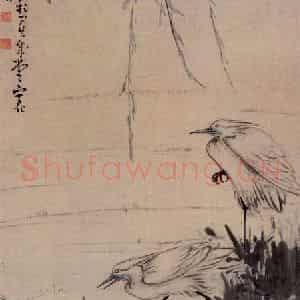 清代 黄慎《柳阴白鹭图》国画花鸟写意作品图片鉴赏