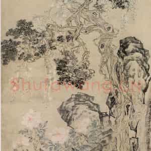 清代 李鳝《柏树牡丹》国画花鸟作品图片鉴赏