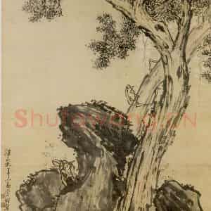清代 李鳝《拳石双柏图》国画花鸟作品图片鉴赏
