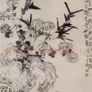 清代 李鳝《竹菊坡石图》国画花鸟作品图片鉴赏