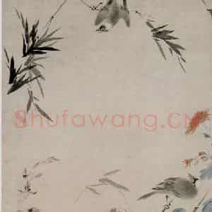 清代 华岩《兰菊竹禽图》国画花鸟作品图片鉴赏