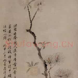 清代 罗聘《桃花松枝图》国画花鸟作品图片鉴赏