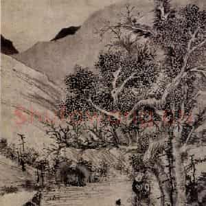 文征明《溪桥策杖图》国画山水写意作品图片鉴赏
