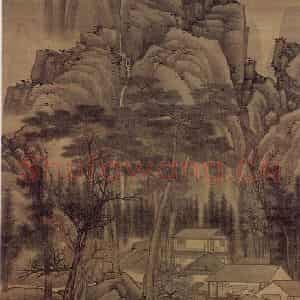 明末清初 高岑《松窗飞瀑图》国画山水作品图片鉴赏
