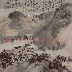 清代 髡残《松岩楼阁图轴》国画山水写意作品图片鉴赏