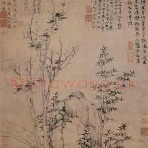 元朝 倪瓒《琪树秋风图》国画花鸟作品图片鉴赏