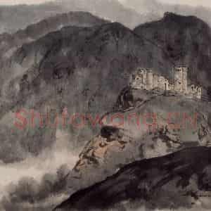1957年 傅抱石《玛尔丁附近古代城堡》国画山水作品图片鉴赏