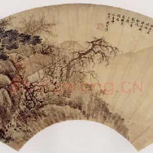 明代 项圣谟《天寒有鹤守梅花图扇》国画花鸟作品图片鉴赏