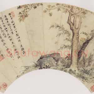 明代 项圣谟《梧桐竹石图扇》国画花鸟作品图片鉴赏