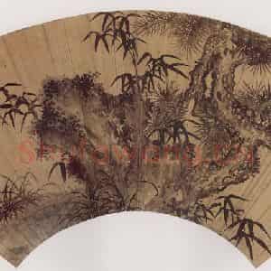 明代 项圣谟《竹石虬松图扇》国画花鸟作品图片鉴赏