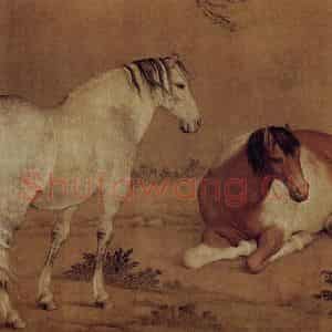 清代 朗世宁《柳荫双骏图》国画作品图片鉴赏