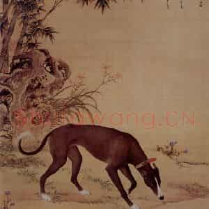 清代 朗世宁《十骏犬——墨玉璃》国画作品图片鉴赏
