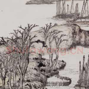 1960年 朱屺瞻《渔舟待潮图》国画山水作品图片鉴赏