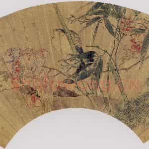 任薰《花鸟团扇》国画花鸟作品图片鉴赏