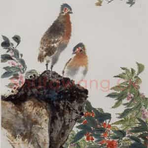 江寒汀《凤仙枫叶竹鸡》国画花鸟写意作品图片鉴赏