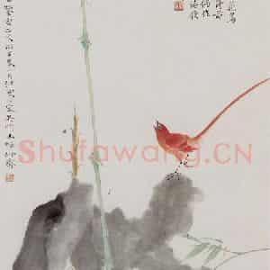 江寒汀《设色竹鸟》国画花鸟写意作品图片鉴赏