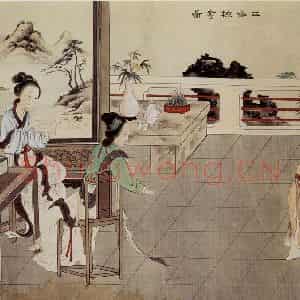 1933年 王叔晖《二乔检书图》国画人物工笔作品图片鉴赏