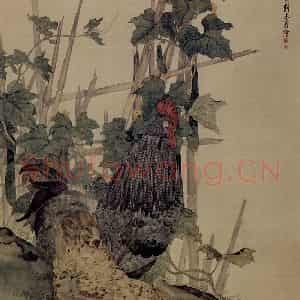 1934年 刘奎龄《双鸡》国画花鸟工笔作品图片鉴赏