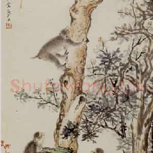 1925年 王梦白《五猴图》国画花鸟作品图片鉴赏
