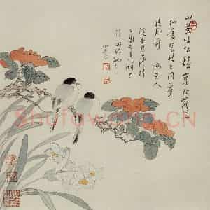 溥心畲《山茶水仙》国画花鸟作品图片鉴赏