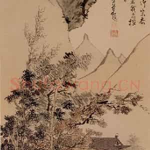1937年 溥心畲《水榭秋山》国画山水作品图片鉴赏