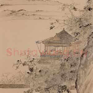 1937年 溥心畲《高楼闻笛》国画山水作品图片鉴赏