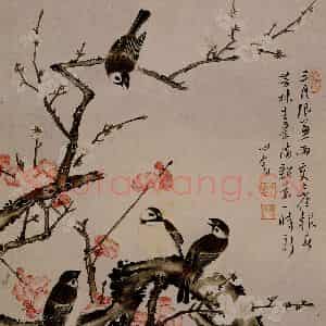 溥心畲《寒枝春趣》国画花鸟作品图片鉴赏