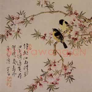 溥心畲《绛桃黄雀》国画花鸟作品图片鉴赏