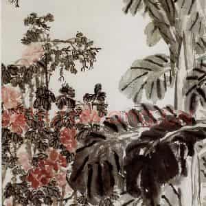 民国 吴昌硕《蔷薇芭蕉》国画花鸟作品图片鉴赏