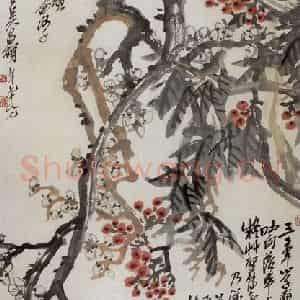 民国 吴昌硕《梅花天竹》国画花鸟作品图片鉴赏