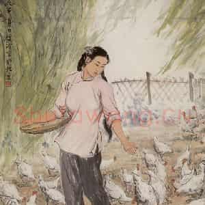 1959年 张安治《饲鸡图》国画综合作品图片鉴赏