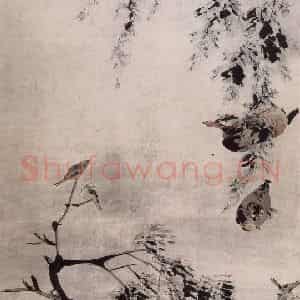 清代 高其佩《高其佩柳塘鸳鸯图轴》国画花鸟作品图片鉴赏